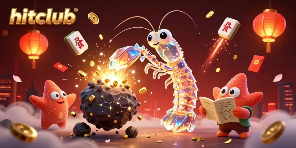 Hitclub showcases a unique galactic samurai mantis shrimp conquering asteroids while surrounded by dynamic gaming elements.