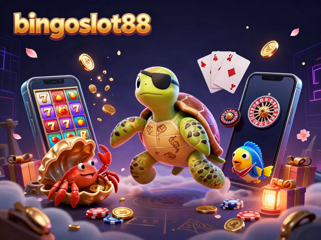 Menangkan jackpot di bingoslot88 dengan ilustrasi kasino yang menakjubkan dan simbol permainan.