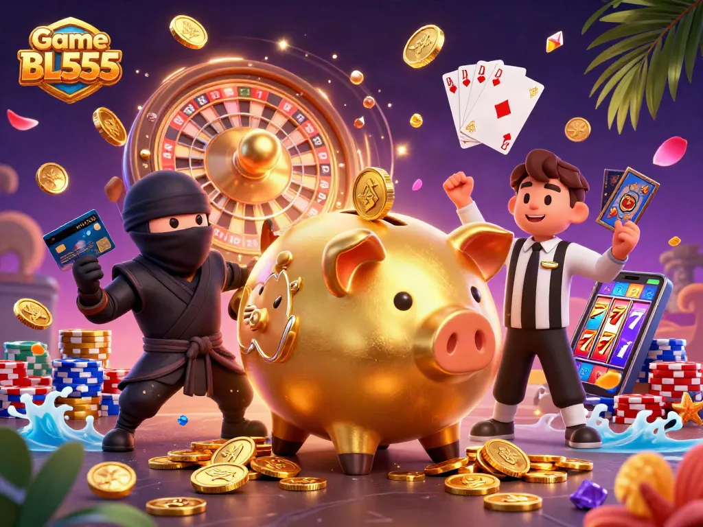 Win big with Game BL555: A dynamic casino showdown featuring a sumo wrestler, ninja, and referee.