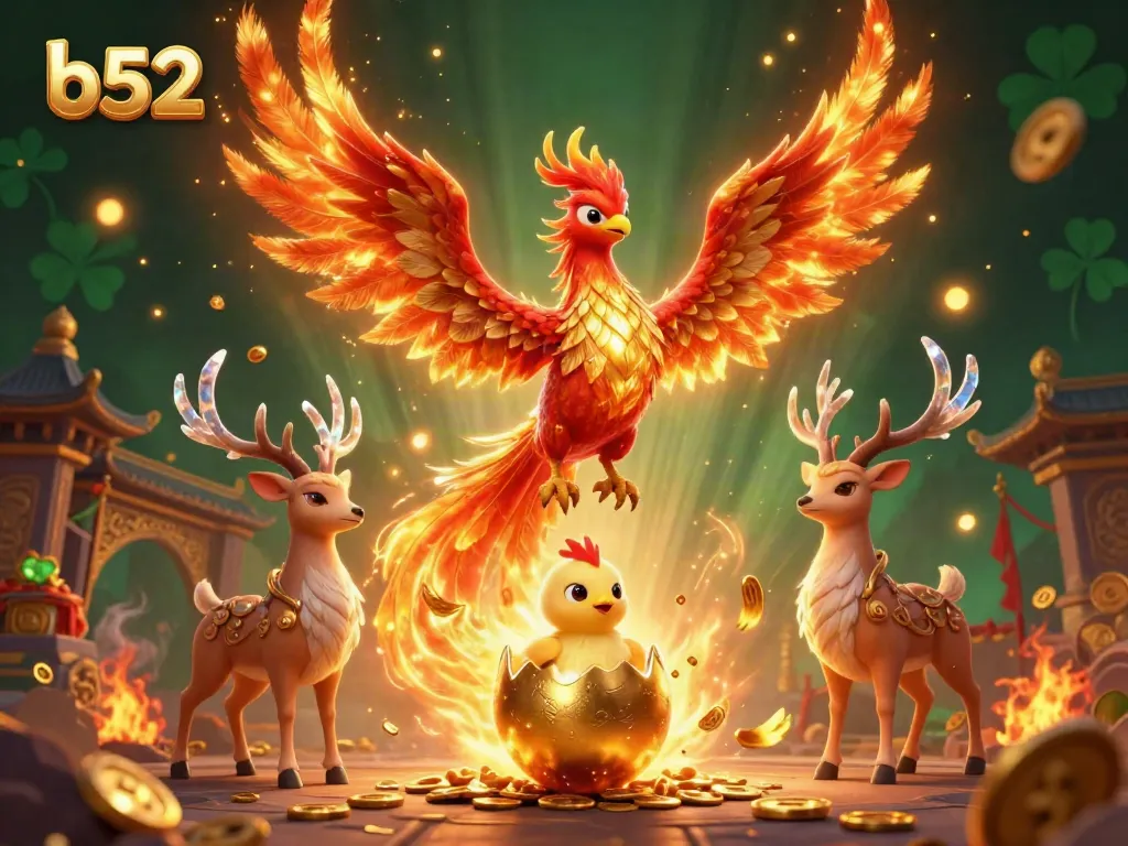 B52 online casino illustration showing a fire phoenix and baby chick amidst golden coins, enhancing user engagement.