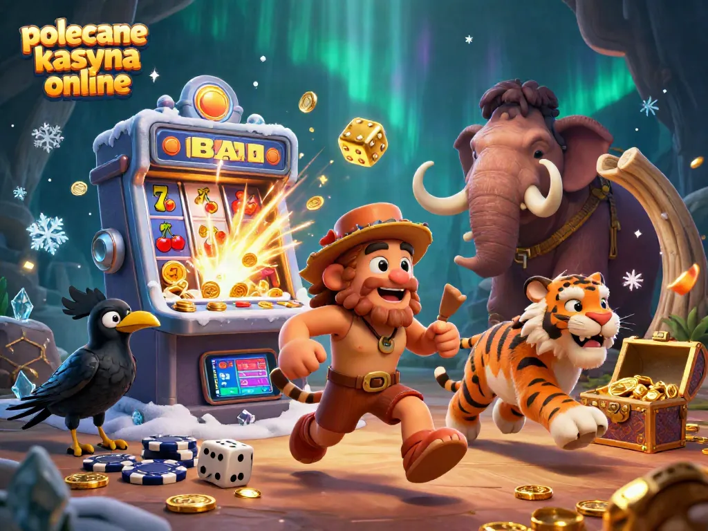 Polecane kasyna online showcase a dynamic prehistoric casino with a caveman duo, tiger, and crow amidst festive elements.