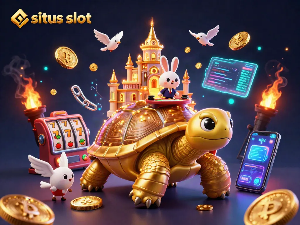 Experience situs slot gaming fun with a cartoon tortoise casino and dealer in a vibrant scene.