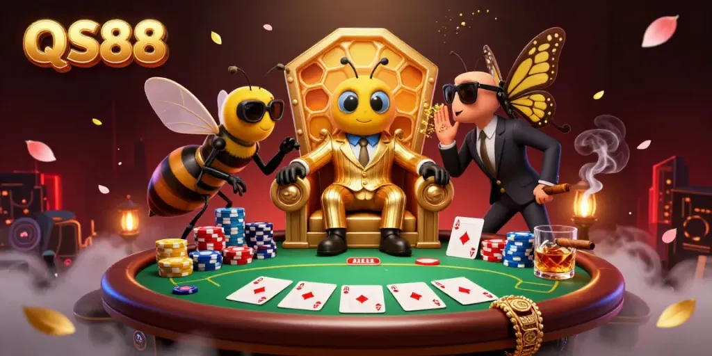 Engage in thrilling gameplay at QS88 with a vibrant 3D casino scene filled with poker elements.