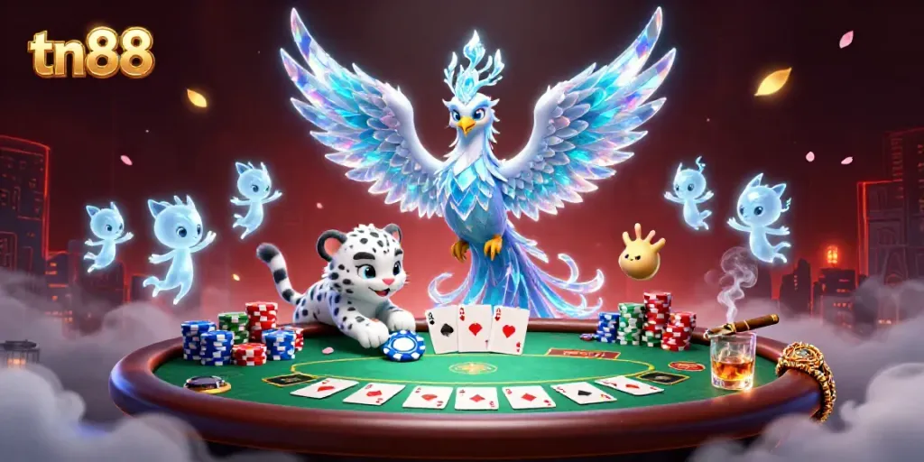 Experience the excitement of tn88 as a lively ice phoenix and snow leopard interact at a poker table.