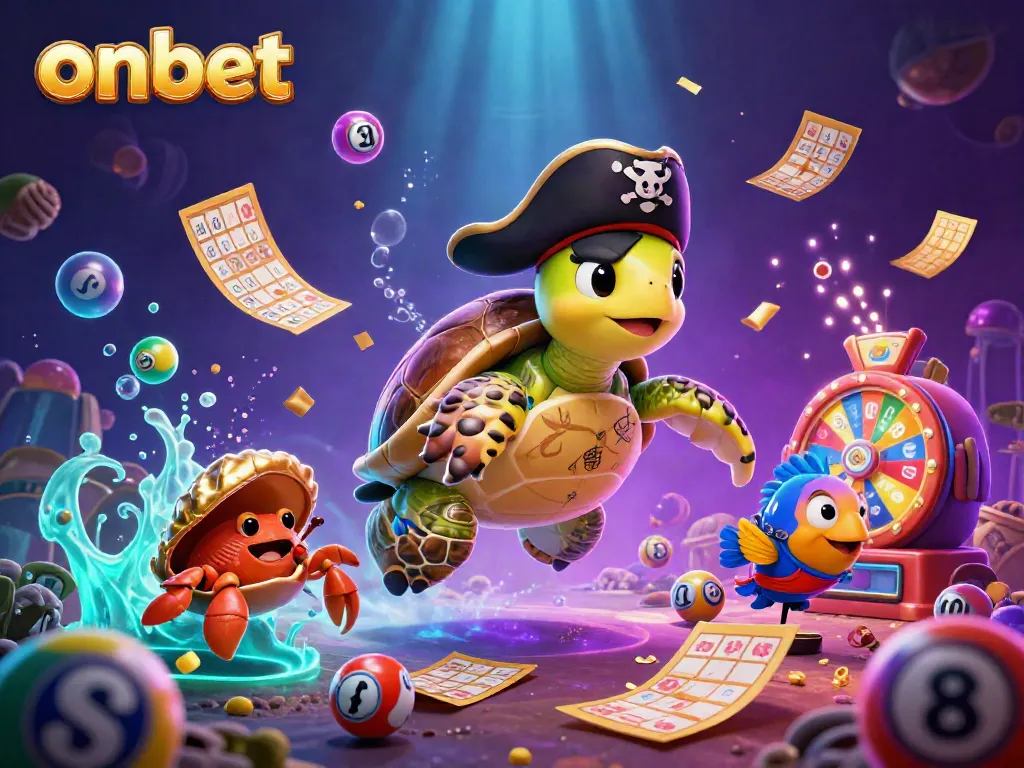 Join the fun with onbet as colorful lottery elements and a pirate turtle bring luck in an exciting casino scene.