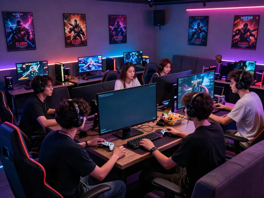 KILAT404 gaming session with friends in a vibrant lounge atmosphere.