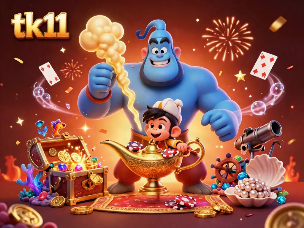 tk11 casino scene featuring a genie, monkey, and poker chips with vibrant colors and gold effects.