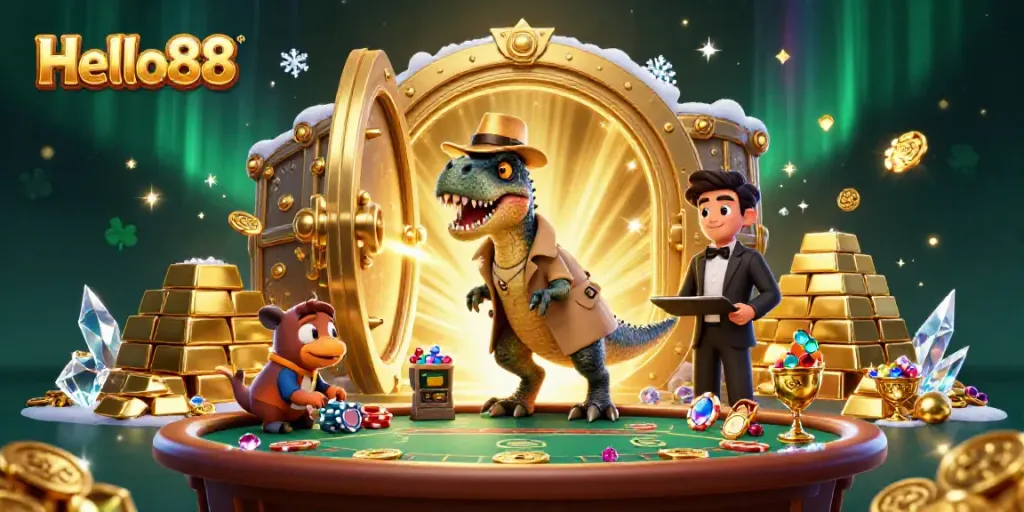 Engage in thrilling blackjack with Hello88 at a vibrant casino scene featuring playful cartoon dinosaurs.