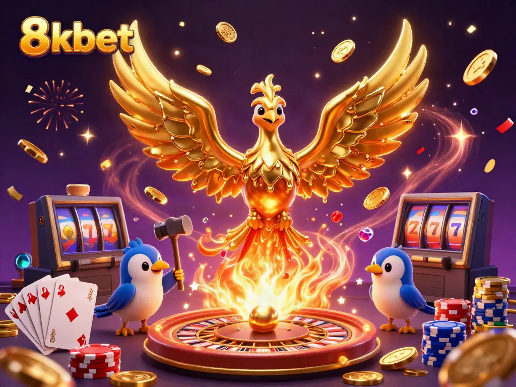 Experience the thrill of 8kbet with a dazzling golden phoenix and festive casino elements