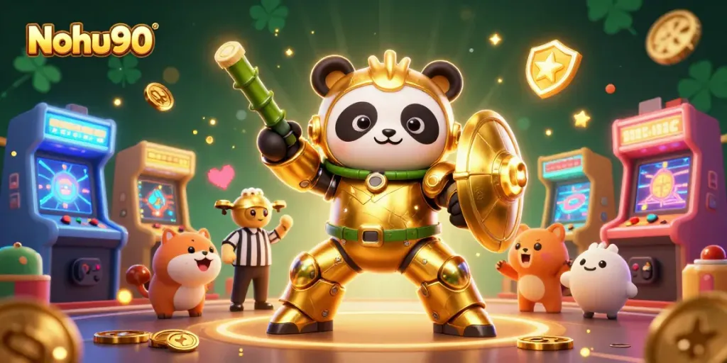 Nohu90 promotes thrilling action with a golden panda in a mech-suit vying in a vibrant casino arena filled with gaming excitement.