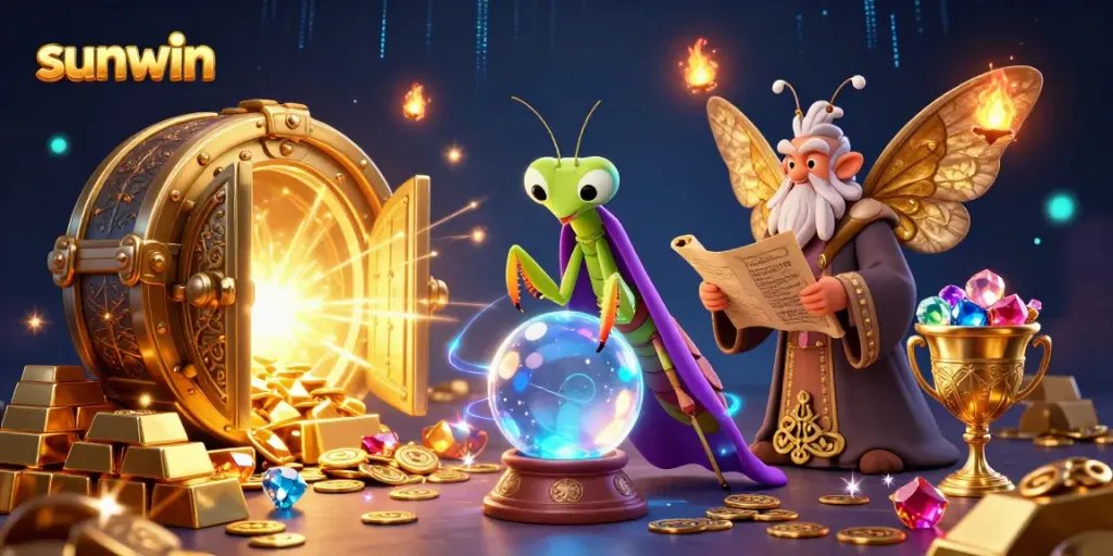 Engage with sunwin's stunning magical casino scene showcasing a fortune teller and treasures.