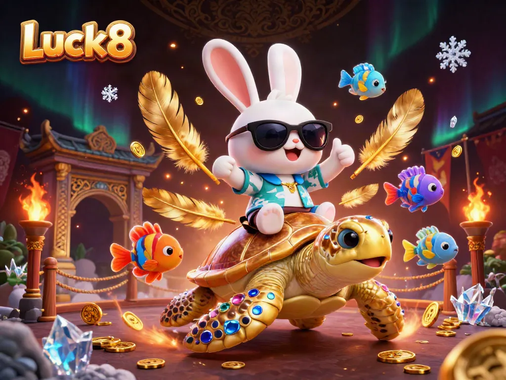 Engage with Luck8 while riding a lucky rabbit on a golden turtle, amidst vibrant casino elements.
