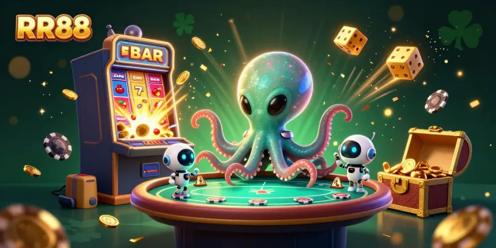 Experience the vibrant casino world with RR88 featuring an alien octopus at a poker table