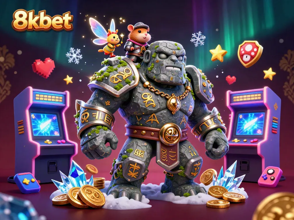 Play thrilling games with 8xbet featuring an enchanted golem, fairy, and hamster knight in a vibrant casino
