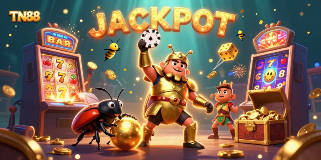Experience the excitement of TN88 with this dynamic casino scene featuring vibrant characters and game elements.