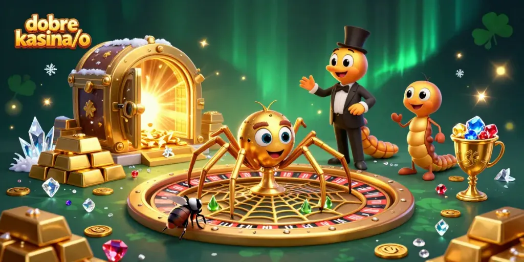 Bet on dobre kasyna/o with a golden web roulette surround by sparkling treasures and a lively casino scene.