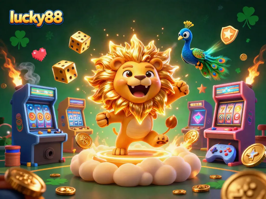 Experience thrilling gameplay with lucky88 as a roaring sun lion and golden dice create casino excitement.