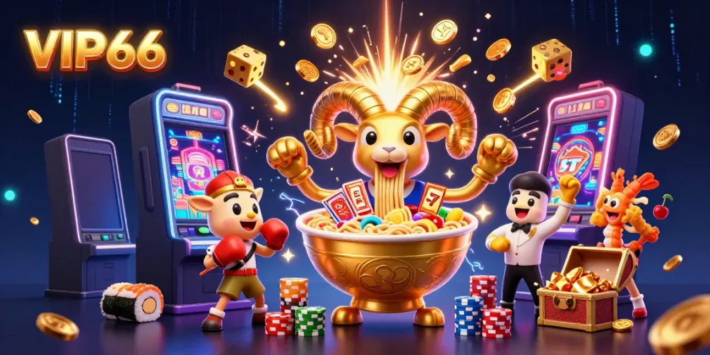 VIP66 promotes a vibrant scene of unique characters engaging in casino fun, showcasing its thrilling gaming adventure.