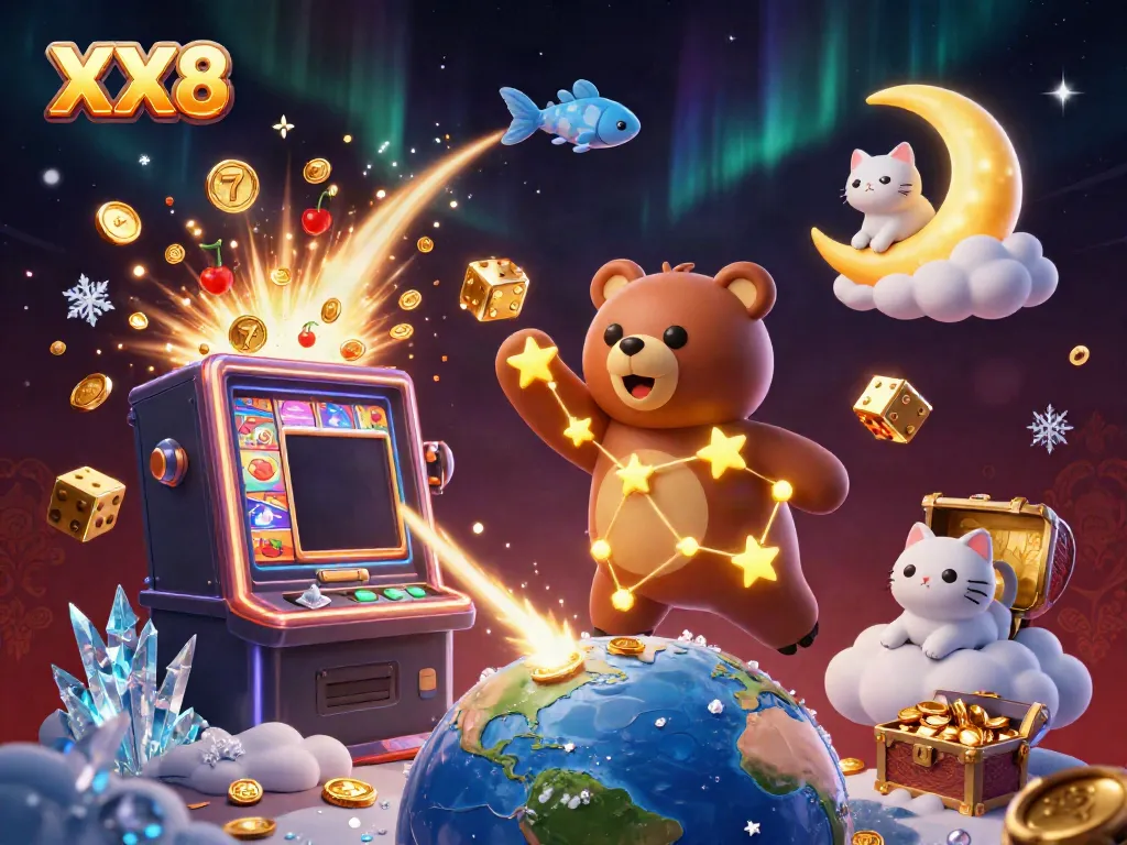 Experience excitement at XX8 with a golden constellation bear and thrilling casino elements.