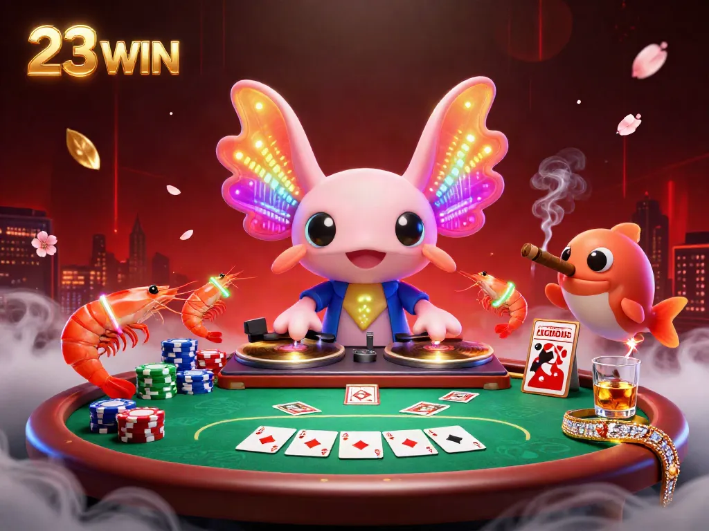 Experience lively online gaming with 23 WIN in this vibrant casino scene featuring a neon axolotl DJ.