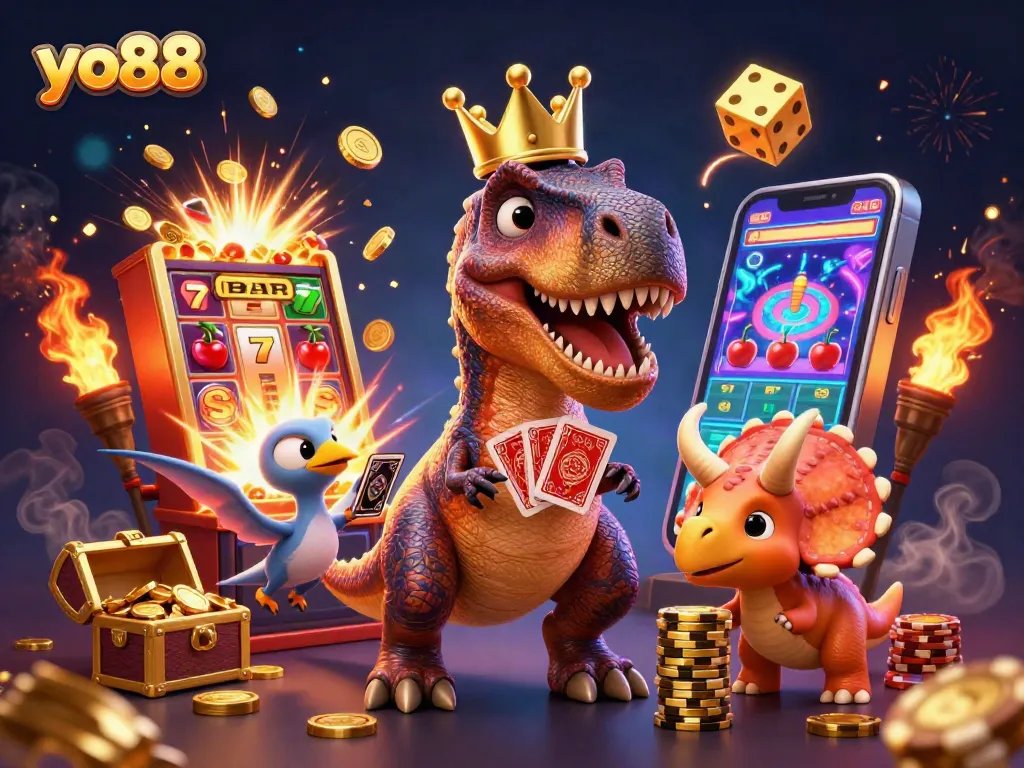 Experience the thrills of yo88 with a friendly T-Rex card shark, surrounded by casino excitement.