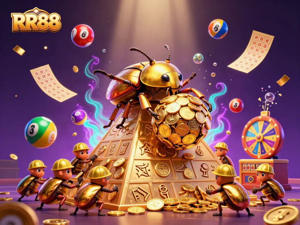 Experience RR88's vibrant casino environment with golden beetles and lottery thrills.