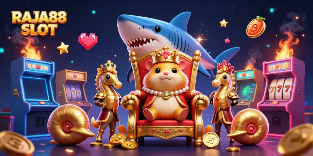 Experience the excitement of RAJA88 SLOT with a dynamic 3D illustration depicting lively casino elements.