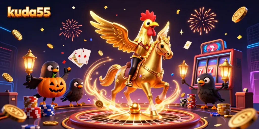 Permainan slot gacor kuda55 dengan simbol kemenangan dan gemerlap koin emas, semua dalam satu ilustrasi 3D.