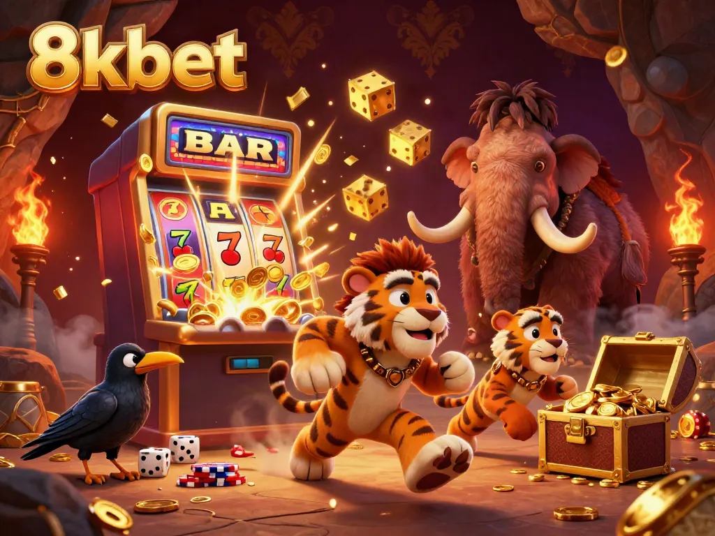 Experience thrilling gameplay at 8kbet with a vibrant prehistoric casino illustration.