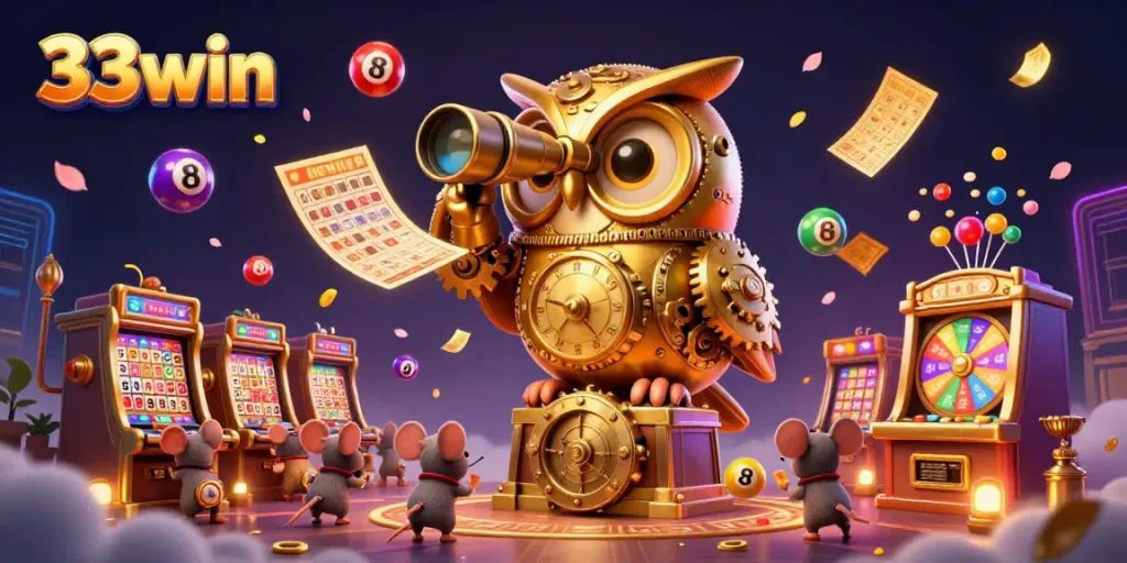 Engage in 33win casino games with a vibrant scene of animated characters and dynamic lottery elements.