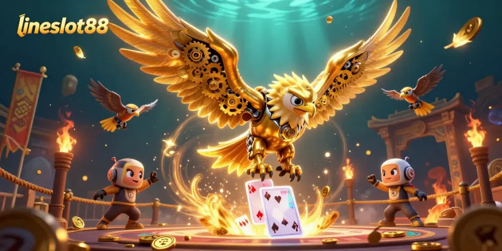 Experience thrilling gaming with lineslot88 as a golden eagle dives through holographic cards.