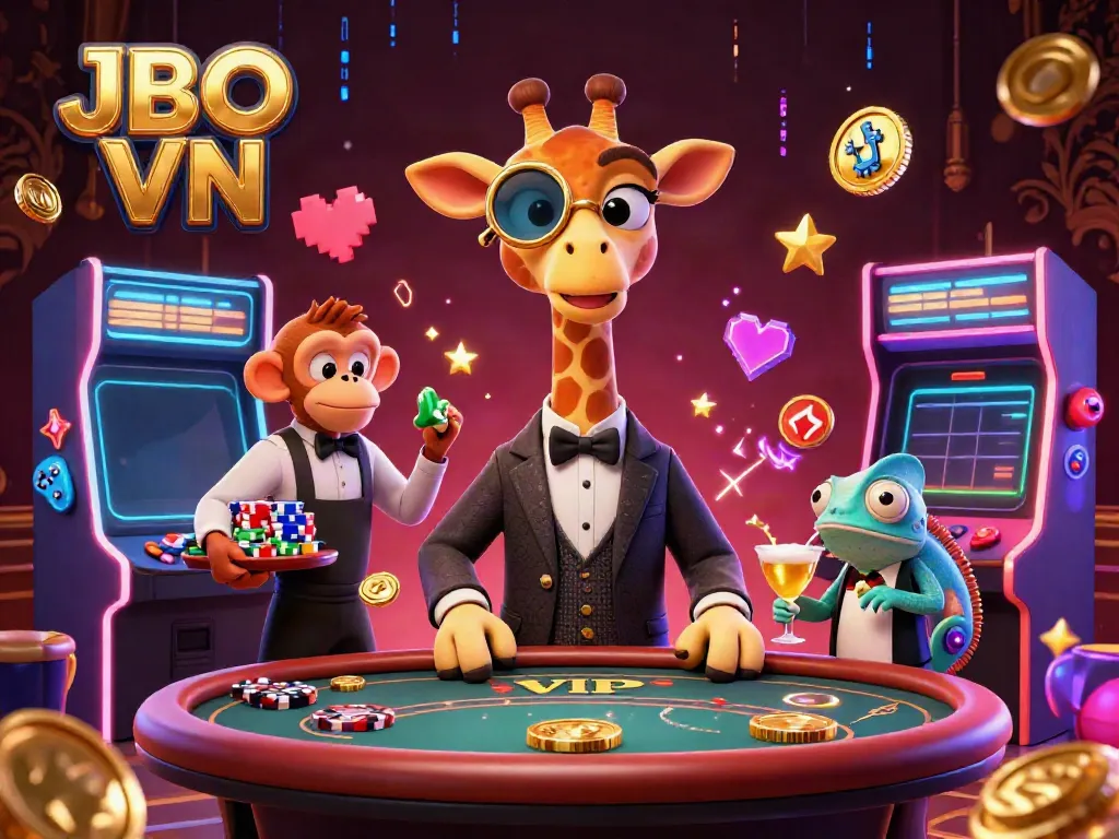 Join the excitement of JBO VN with a cartoon-style high-roller giraffe at a glamorous casino scene.