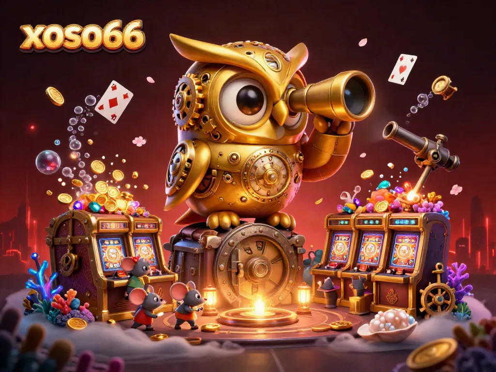 Engage in thrilling slots at xoso66 with a clockwork owl presiding over the whimsical casino floor.