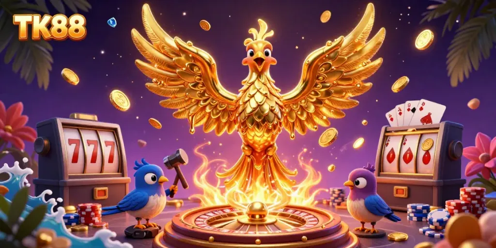 Engage with TK88's captivating casino world featuring a molten phoenix and rich game elements.