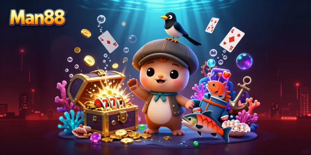 Experience thrilling moments with Man88's vibrant 3D illustration showcasing gaming action and underwater treasures.