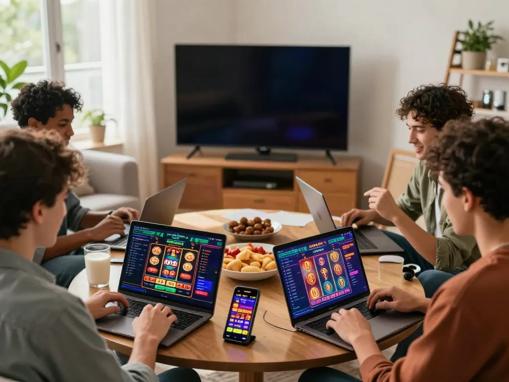 Friends enjoying DA88 online gaming experience in a cozy living room.