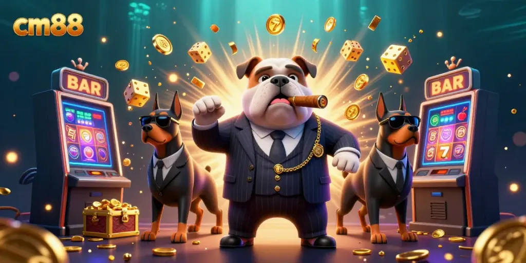 Experience thrilling cm88 casino action with a mafia boss bulldog and two Doberman bodyguards surrounded by winning jackpots.