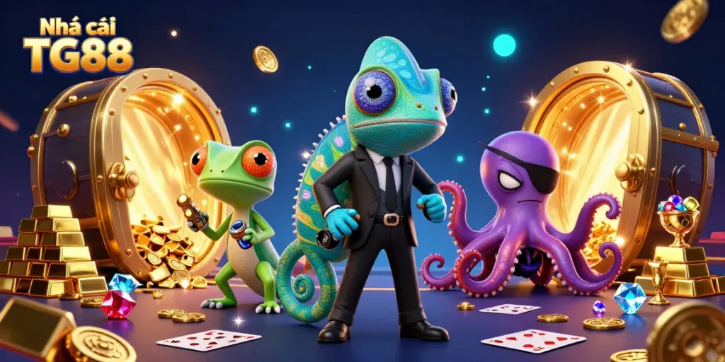 Join the excitement at Nhà cái TG88 with an engaging casino scene highlighting vibrant characters and dynamic gaming elements.