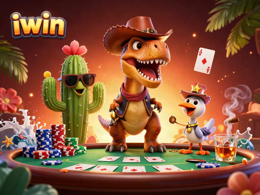Engage with iwin's vibrant gaming scene featuring a cowboy T-Rex and poker elements.