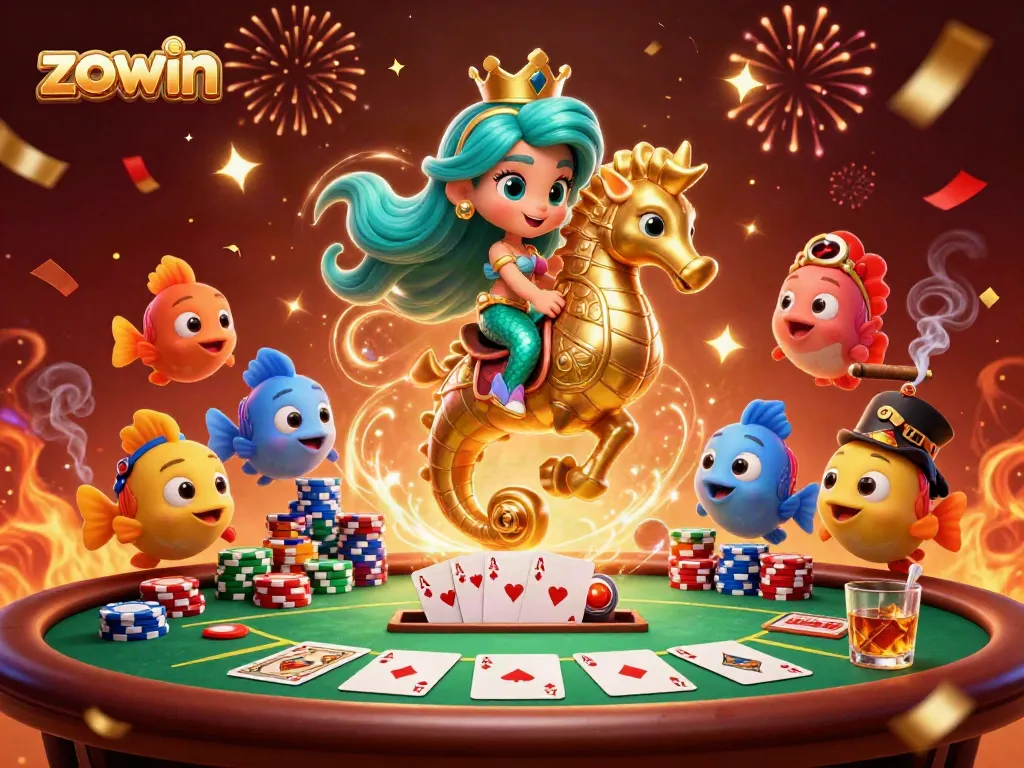 Join the excitement at Zowin as players strategize at a vibrant poker table surrounded by a magical celebration.