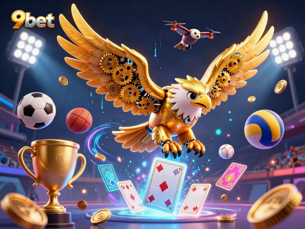 Experience thrilling sports betting action with 9bet's vibrant 3D golden eagle and dynamic elements.