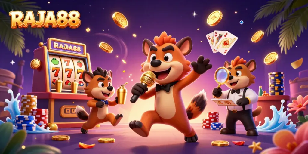 Join the fun at RAJA88 with hyenas in a vibrant casino scene full of laughter and excitement.