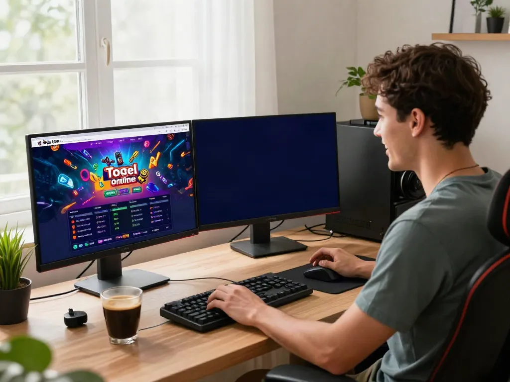 Excited player engaging with togel online results in a cozy home office.