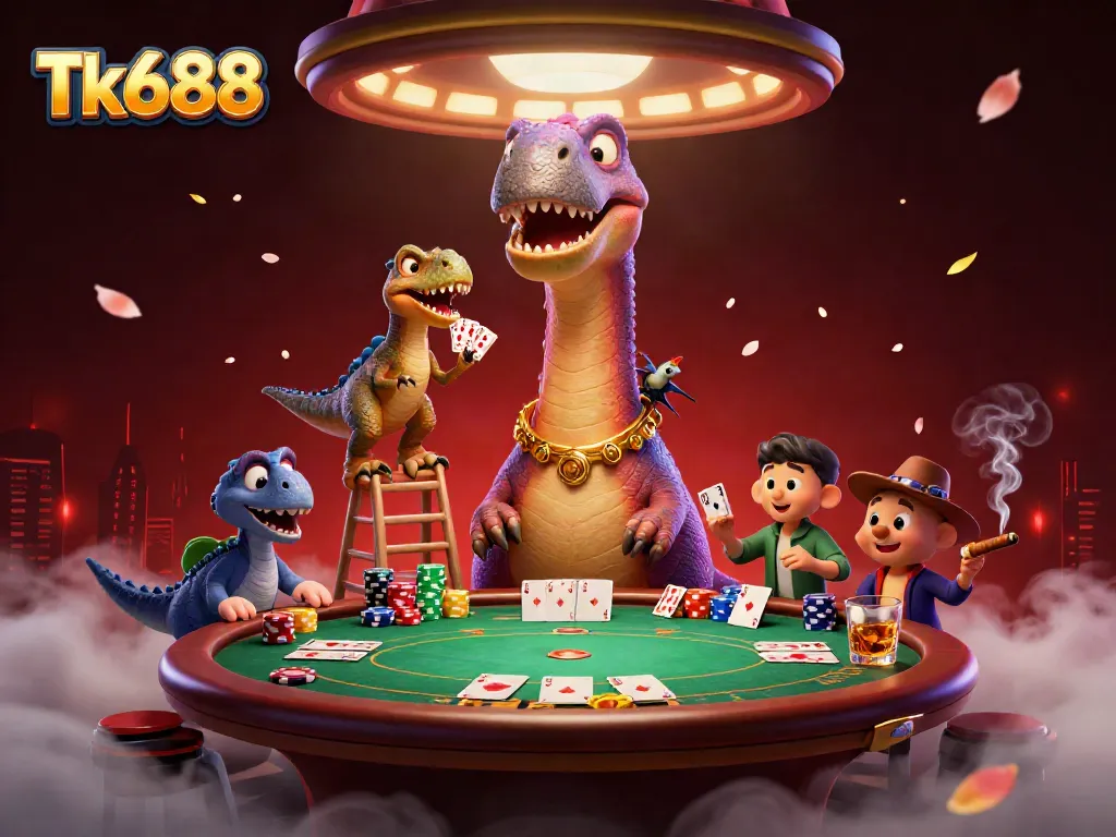 Experience thrilling poker action at Tk688 with a dinosaur dealer and vibrant game elements.