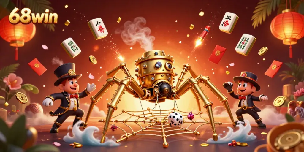 Engage with 68win's vibrant casino world featuring steampunk art, games, and joyful characters.