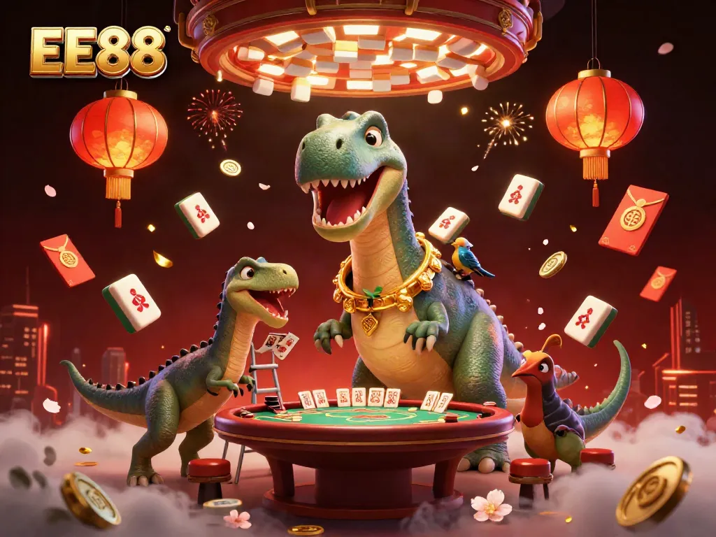 Experience thrilling gameplay at EE88 with a vibrant 3D illustration of a brontosaurus in a bustling casino.