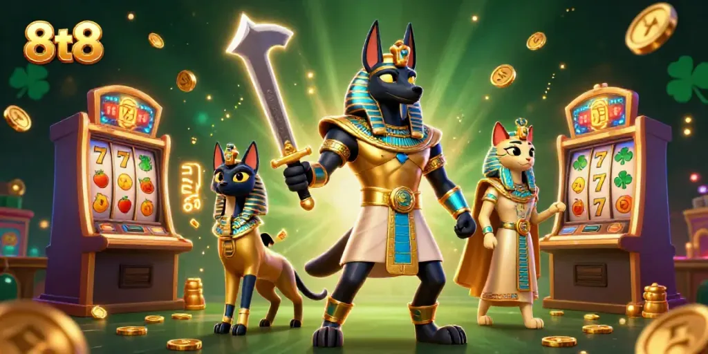 Experience thrilling gameplay with the 8tt8 scene featuring Anubis and Bastet amidst slot machines.
