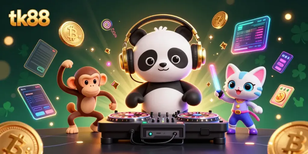 Engage with tk88 casino gameplay featuring a DJ panda, breakdancing monkey, and a glowing kitten in action.