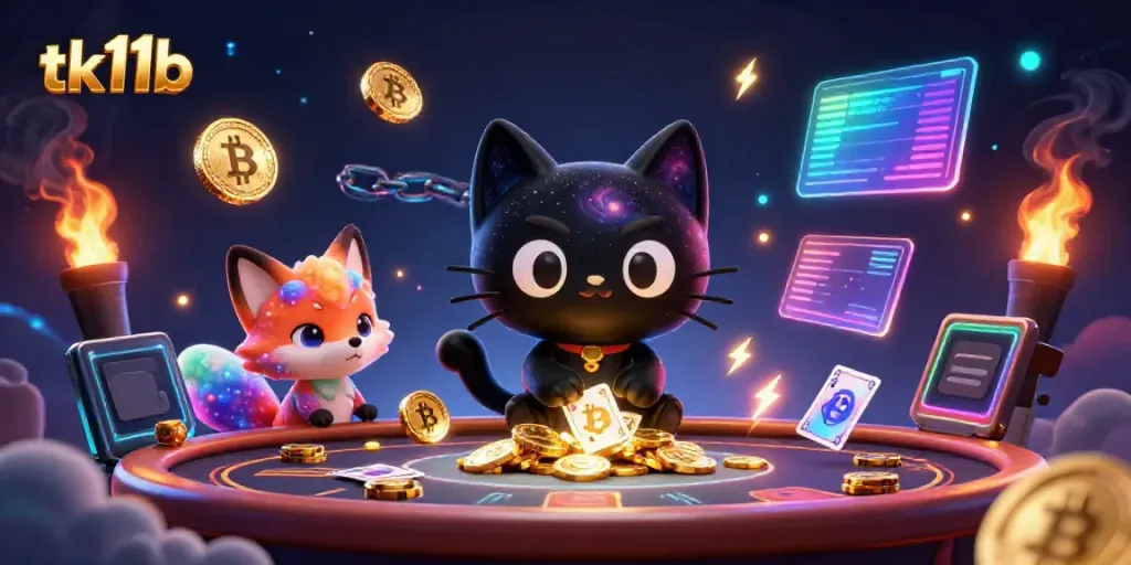 Engage with tk11b's vibrant online gaming scene featuring a cat and fox in cosmic casino.