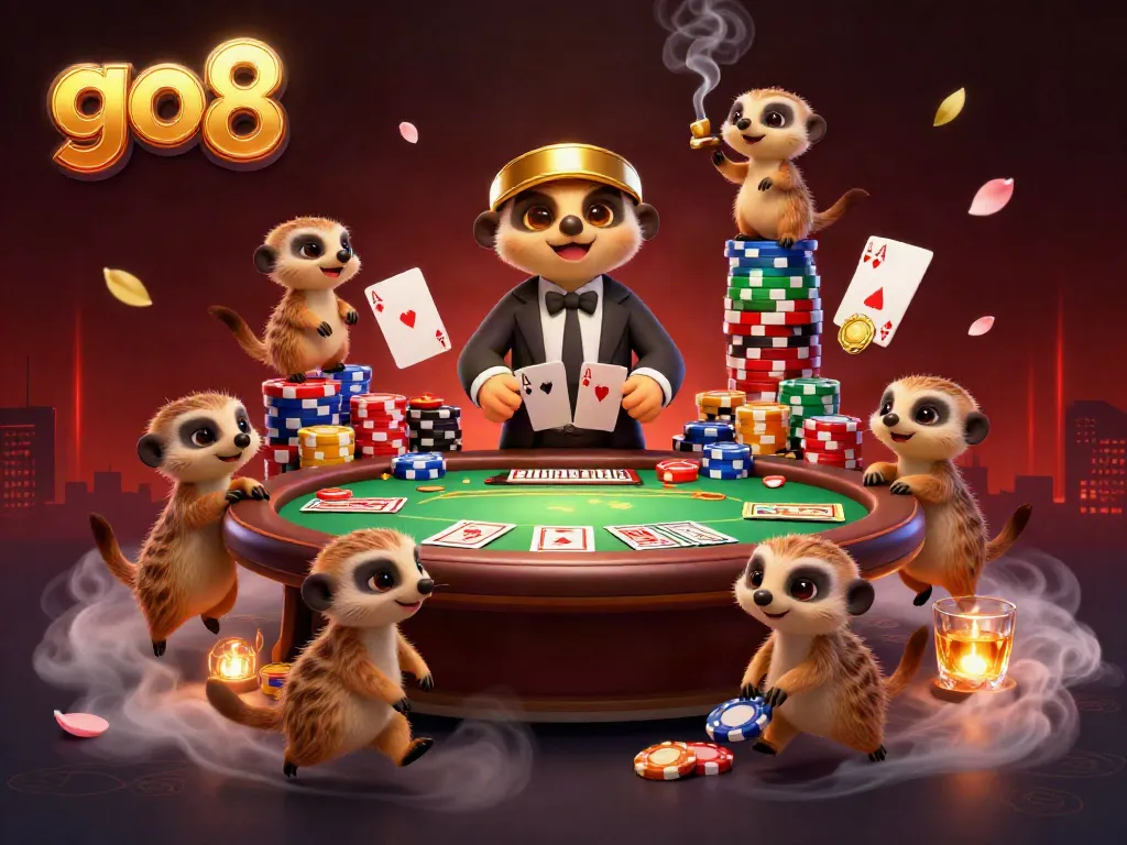 Experience the go8 casino hustle with meerkats managing games and sneaking chips in vibrant graphic.